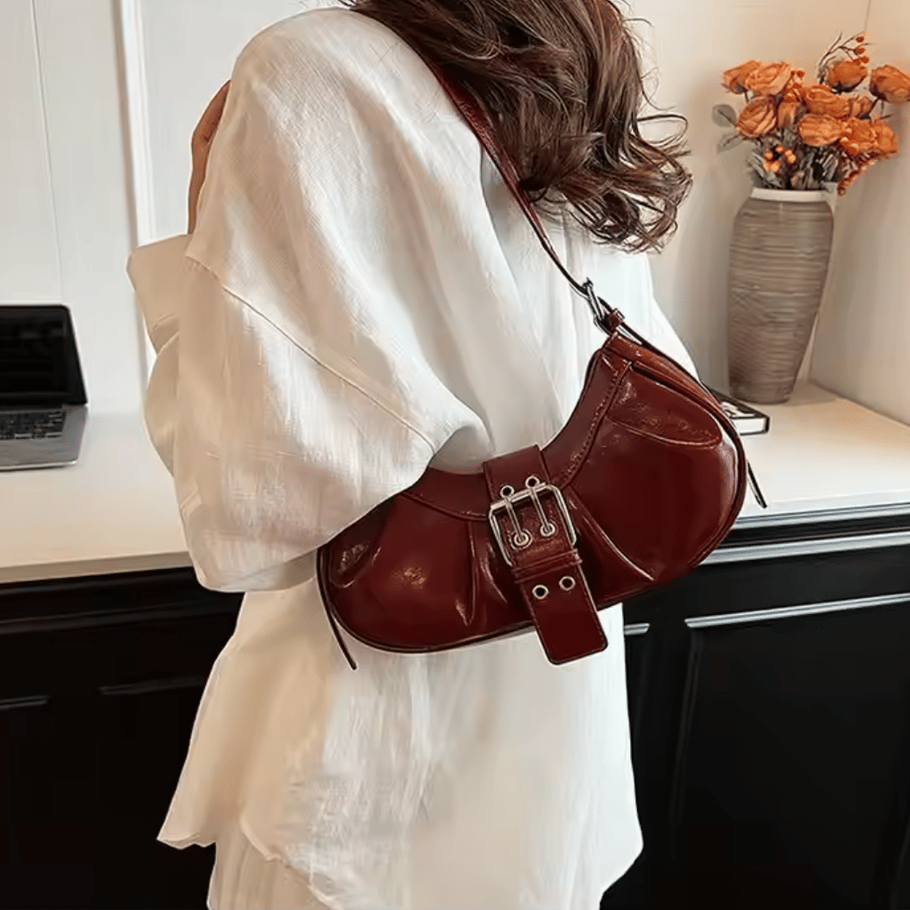 Cherry Red Buckle Shoulder Bag - 342