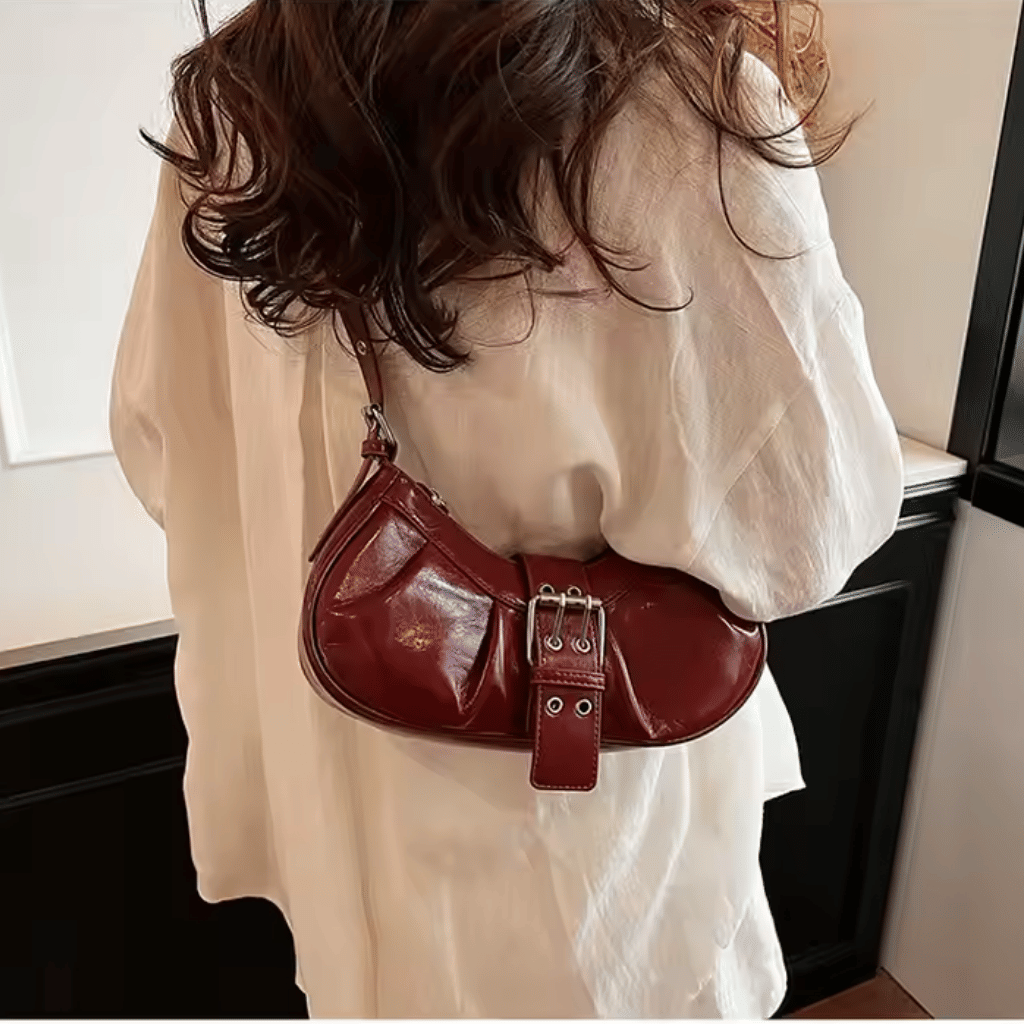 Cherry Red Buckle Shoulder Bag - 343