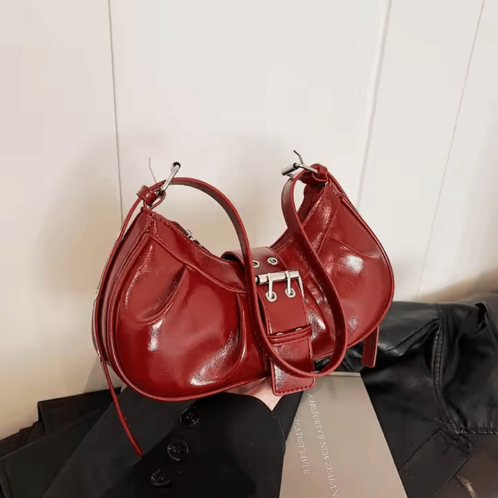Cherry Red Buckle Shoulder Bag - 344