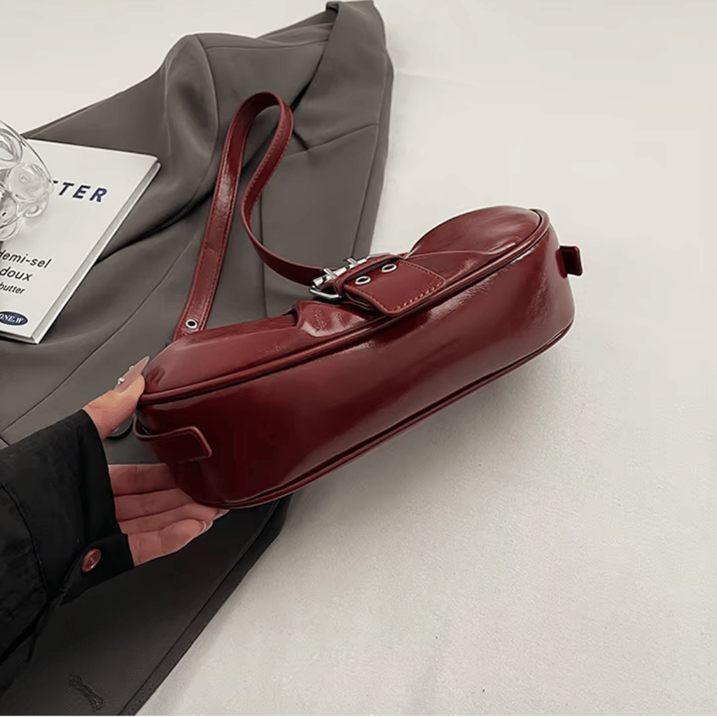 Cherry Red Buckle Shoulder Bag - 345